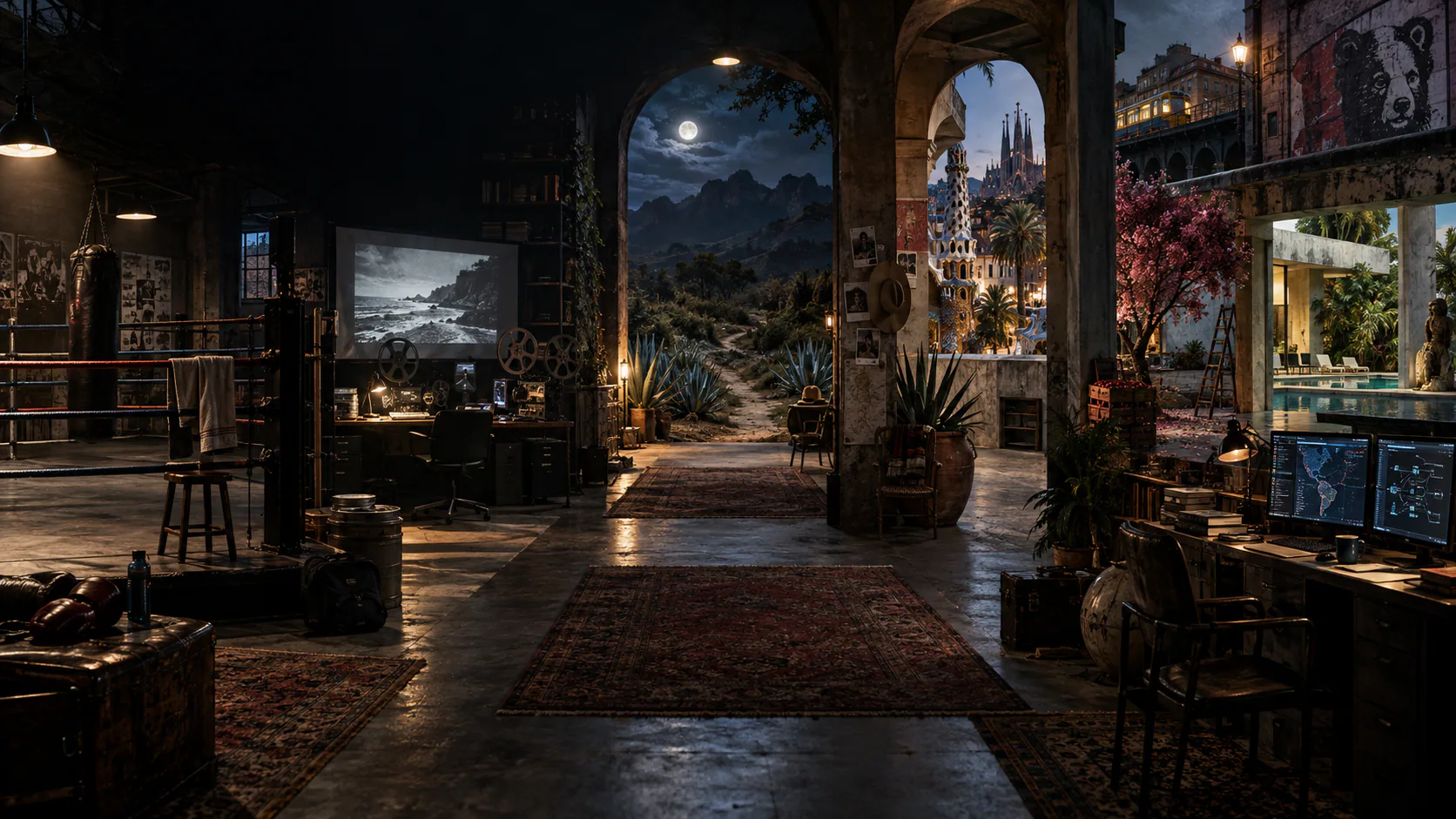 A cinematic memory palace connecting a fighter, a filmmaker, travel, construction, and future systems.