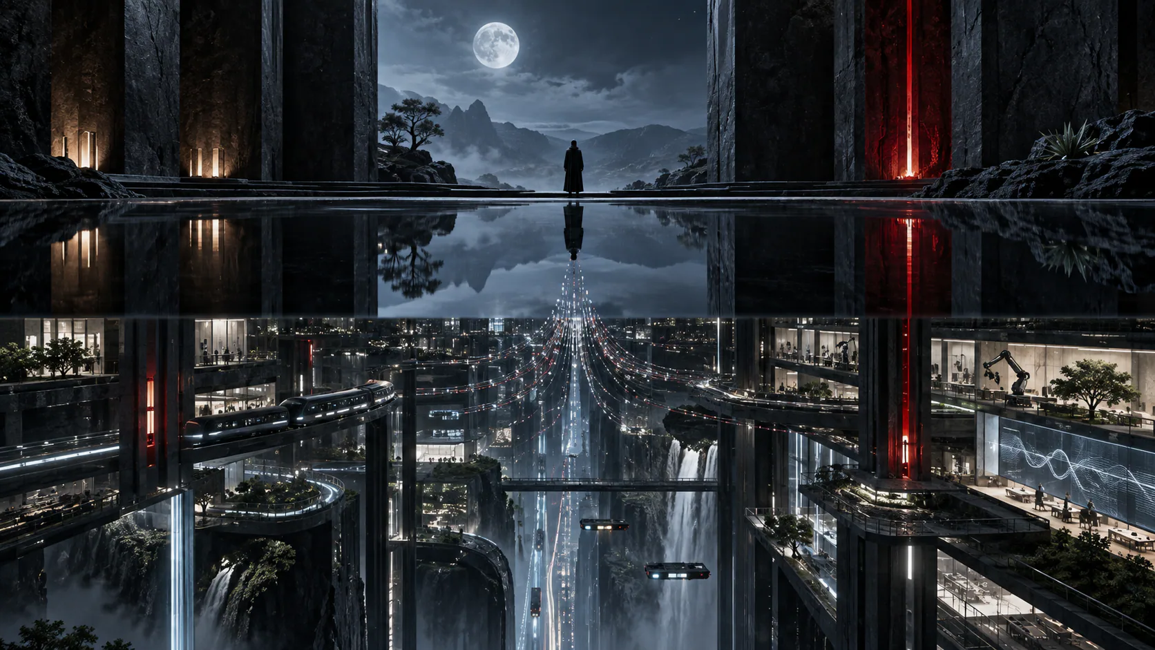 A mirrored future city representing the mind and its network of agents.