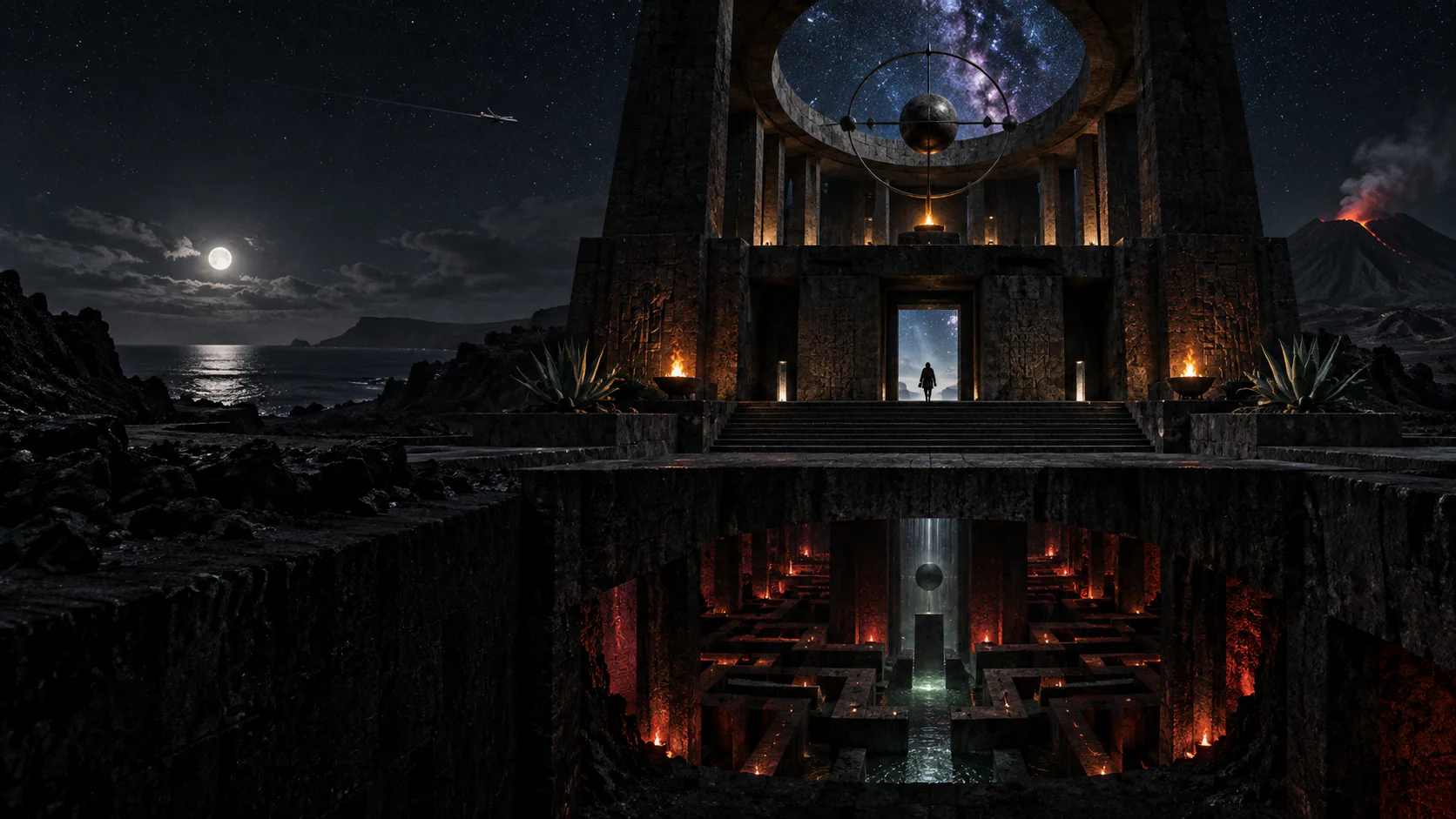 Three architectural levels made of dark volcanic stone: underworld, earthly threshold, and cosmic observatory.